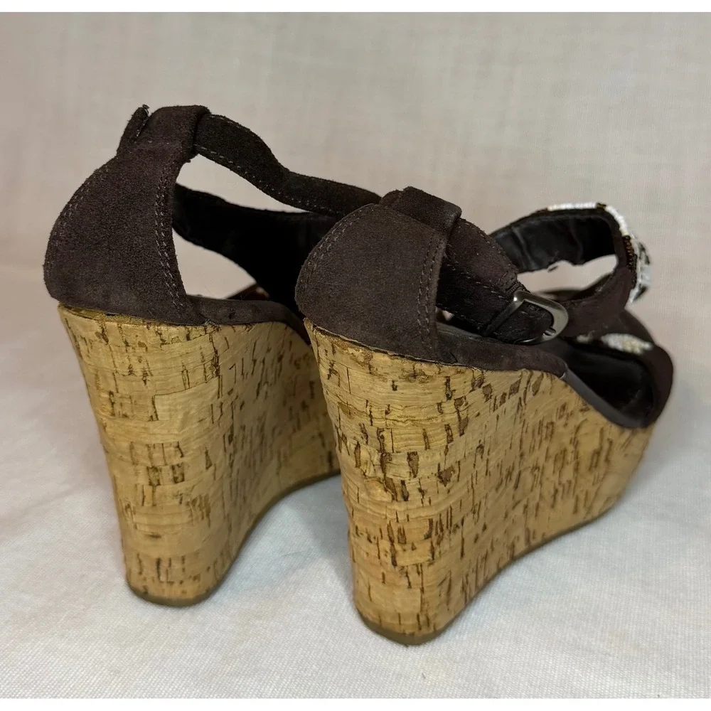 Vintage Y2K 90's MIA Suri Brown Suede Beaded Cork Wedge Platform Sandals 5M Boho